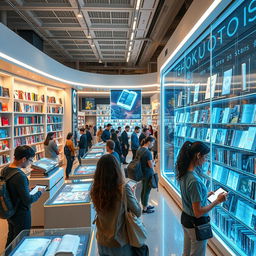 A futuristic digital bookstore with holographic book displays and virtual shelves filled with e-books and digital works