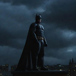 Batman standing on a rooftop at night, looking into the sky where the Aniz logo is illuminated by spotlights against the dark clouds