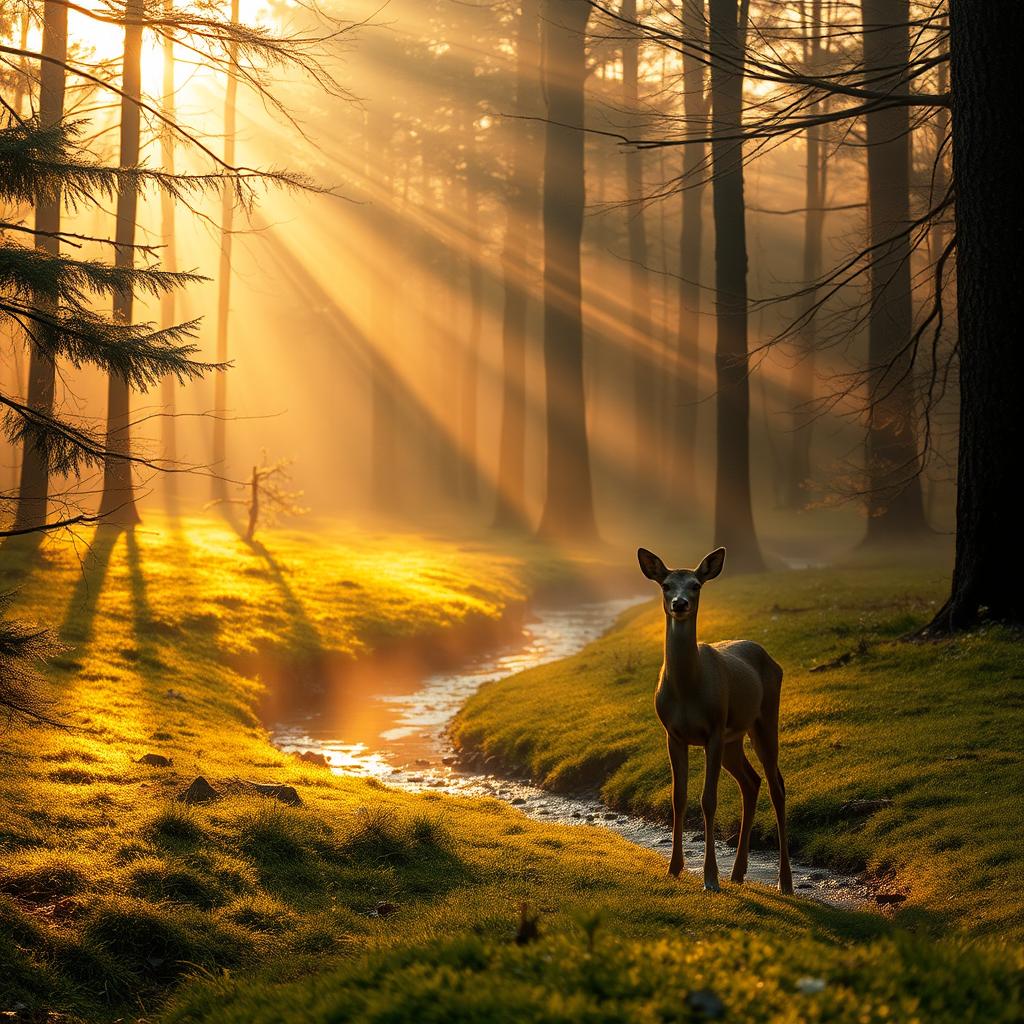 A serene landscape of a forest glade at dawn, with sunlight filtering through the trees, casting golden hues on the forest floor