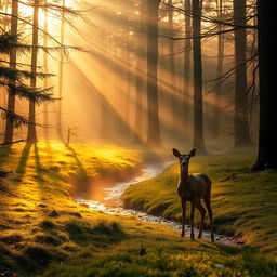 A serene landscape of a forest glade at dawn, with sunlight filtering through the trees, casting golden hues on the forest floor