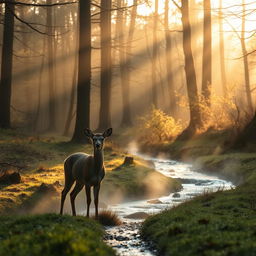 A serene landscape of a forest glade at dawn, with sunlight filtering through the trees, casting golden hues on the forest floor