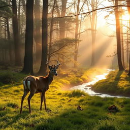 A serene landscape of a forest glade at dawn, with sunlight filtering through the trees, casting golden hues on the forest floor