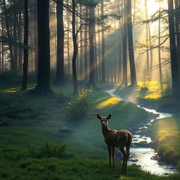 A serene landscape of a forest glade at dawn, with sunlight filtering through the trees, casting golden hues on the forest floor