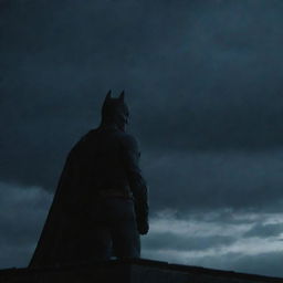 Batman standing on a rooftop at night, looking into the sky where the Aniz logo is illuminated by spotlights against the dark clouds