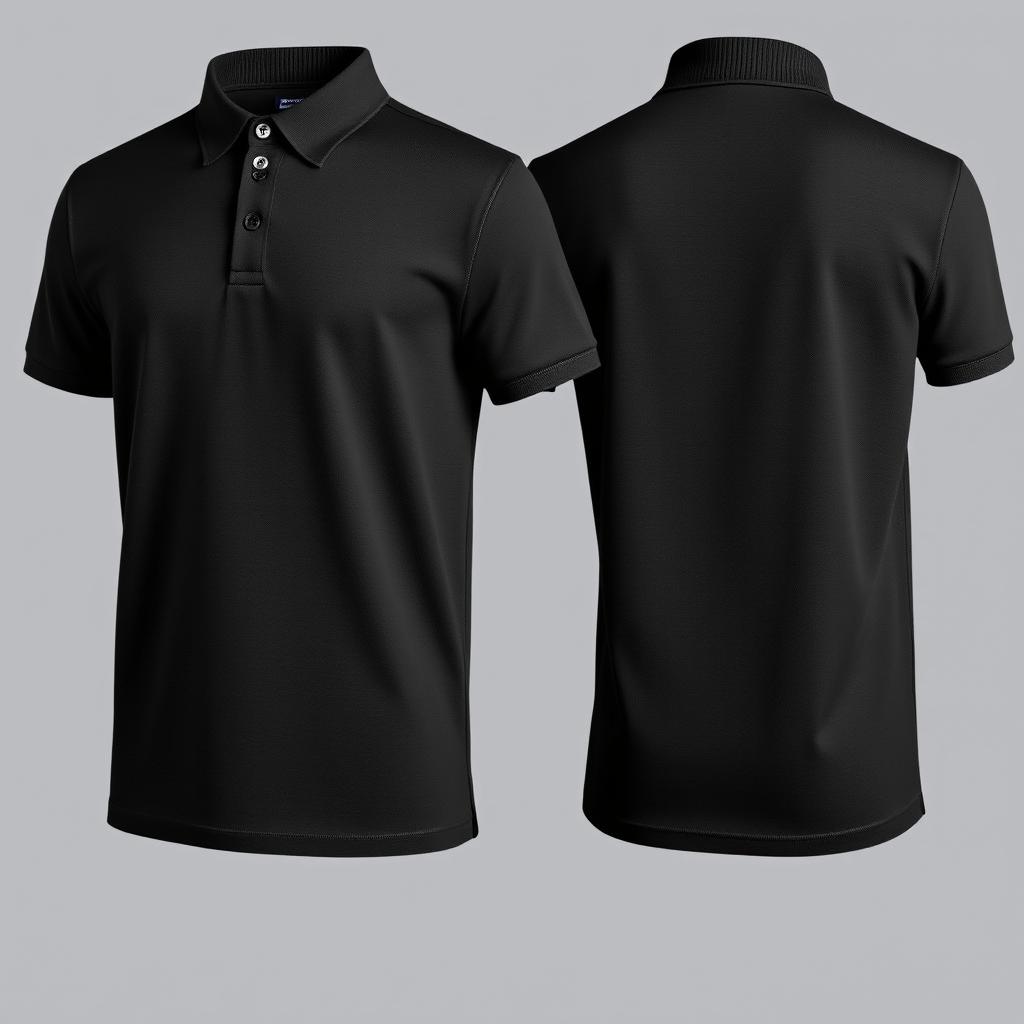 A classic black polo shirt displayed from both the front and back views