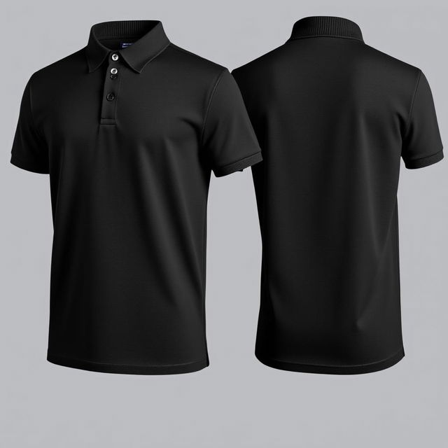 A classic black polo shirt displayed from both the front and back views