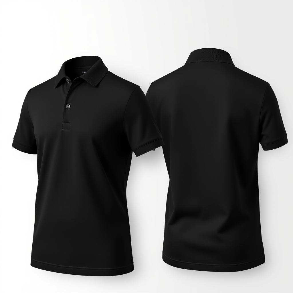 A classic black polo shirt displayed from both front and back views