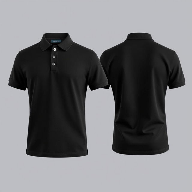 A classic black polo shirt displayed from both front and back views