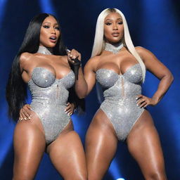 Nicki Minaj and Megan Thee Stallion engaging in a lively, intense rap battle on a grand stage, under vibrant spotlights