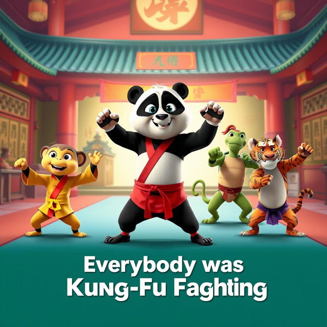 A Pixar-style movie poster titled "Everybody was Kung Fu Fighting"