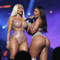 Nicki Minaj and Megan Thee Stallion engaging in a lively, intense rap battle on a grand stage, under vibrant spotlights