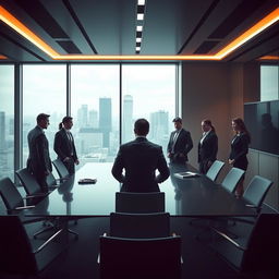 A suspenseful scene depicting a group of people in a high-stakes corporate environment