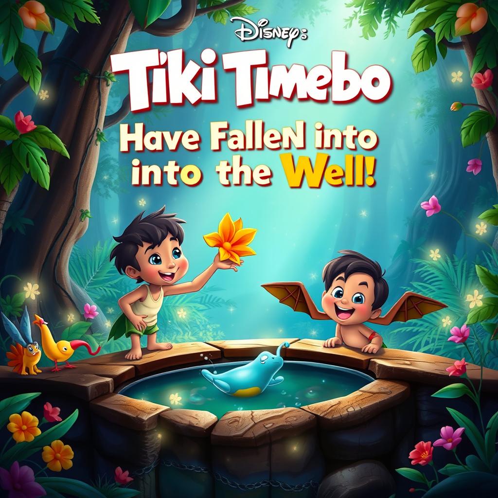 A Disney-style movie poster titled "Tiki Tmebo and Wing Have Fallen into the Well"