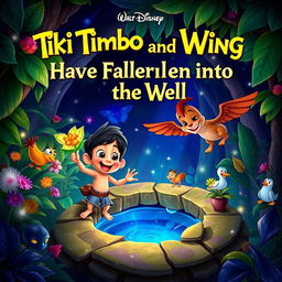 A Disney-style movie poster titled "Tiki Tmebo and Wing Have Fallen into the Well"