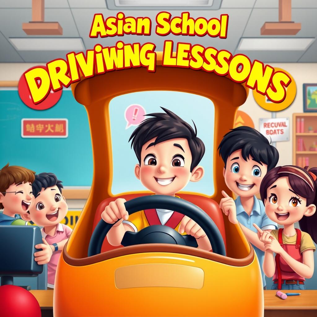 A Disney-style movie poster titled "Asian School Driving Lessons"