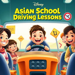 A Disney-style movie poster titled "Asian School Driving Lessons"