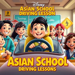 A Disney-style movie poster titled "Asian School Driving Lessons"