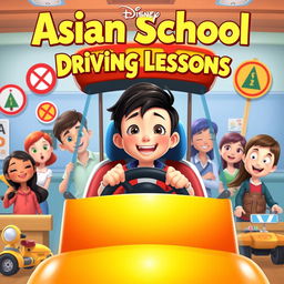 A Disney-style movie poster titled "Asian School Driving Lessons"