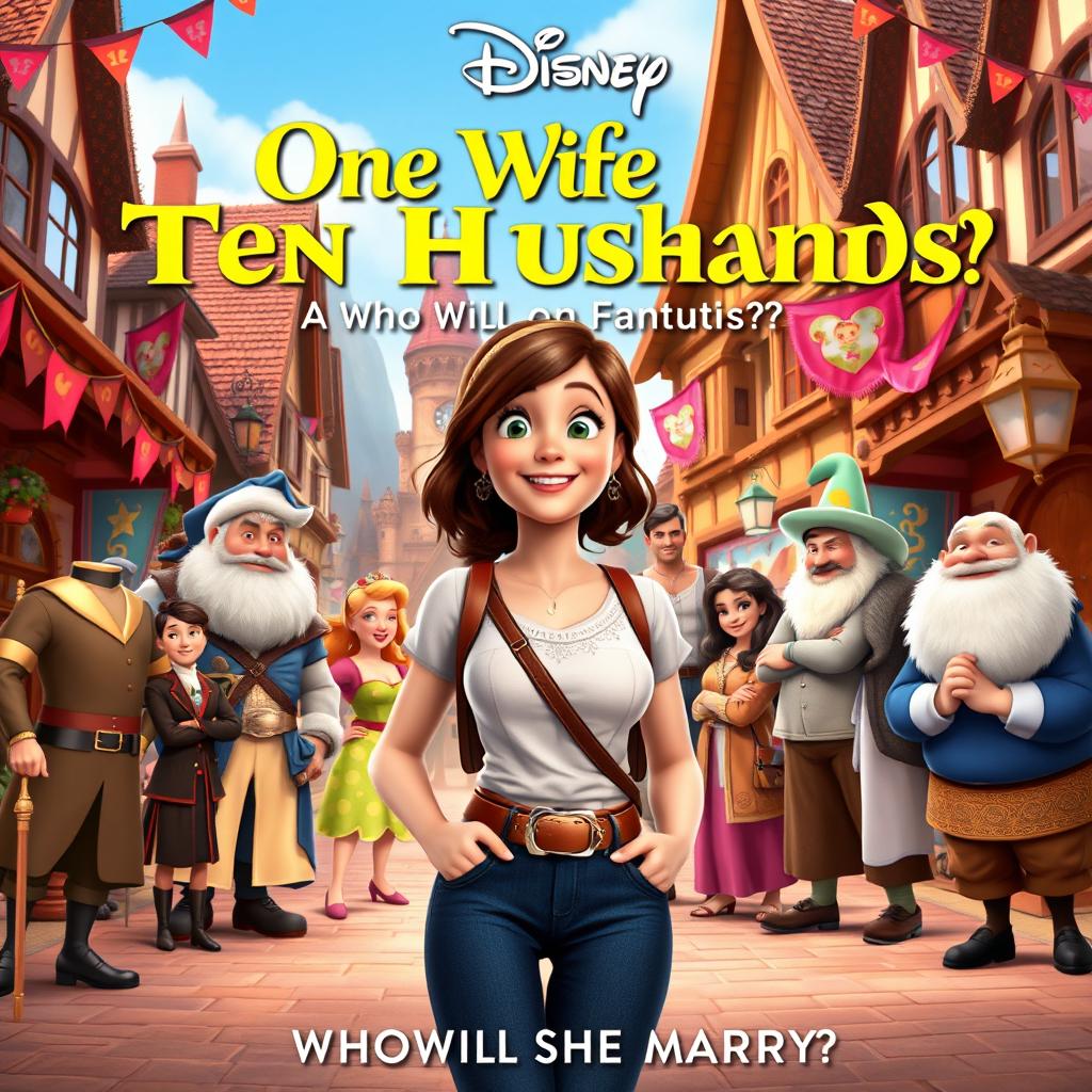 A Disney-style movie poster titled "One Wife Ten Husbands: Who Will She Marry?"