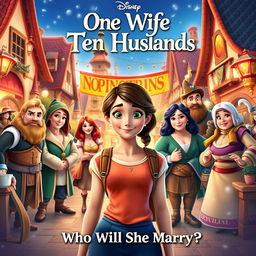 A Disney-style movie poster titled "One Wife Ten Husbands: Who Will She Marry?"