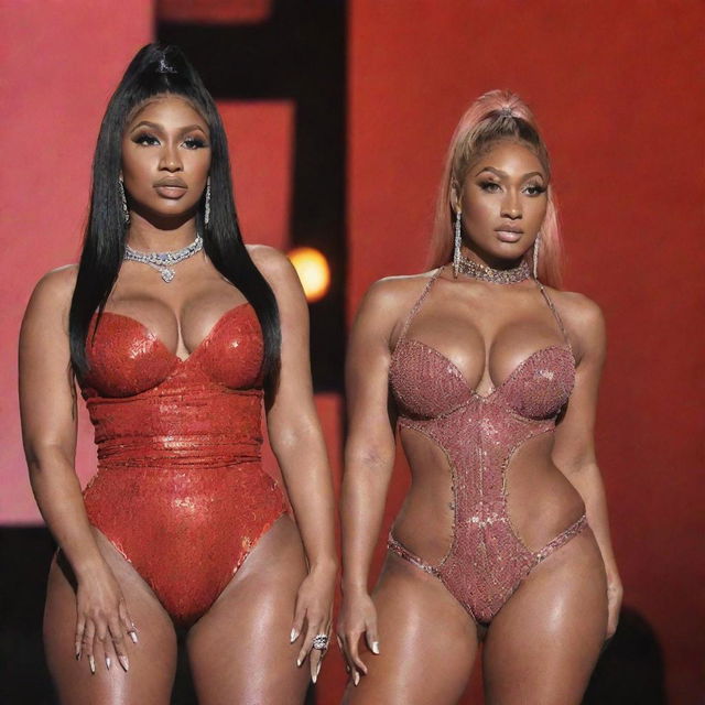 Nicki Minaj and Megan Thee Stallion on stage again, this time Megan Thee Stallion is frowning at Nicki Minaj