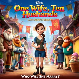 A Disney-style movie poster titled "One Wife Ten Husbands: Who Will She Marry?"