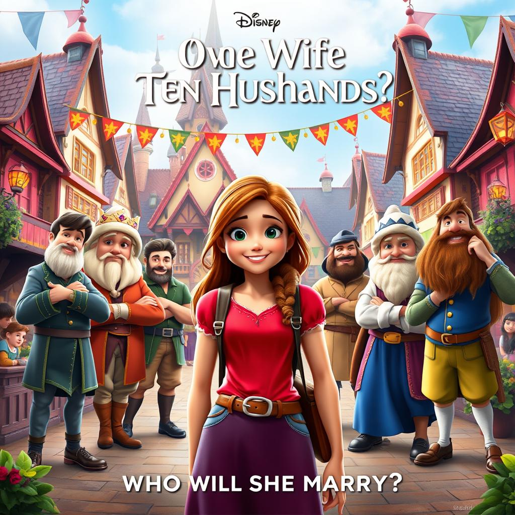 A Disney-style movie poster titled "One Wife Ten Husbands: Who Will She Marry?"