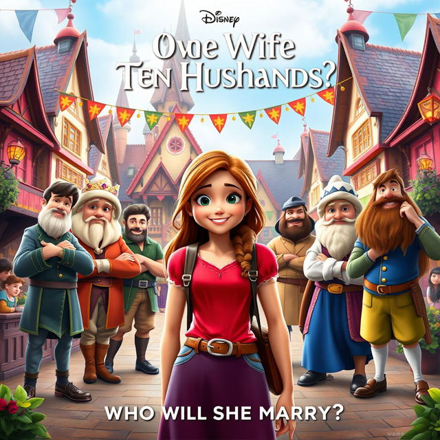 A Disney-style movie poster titled "One Wife Ten Husbands: Who Will She Marry?"
