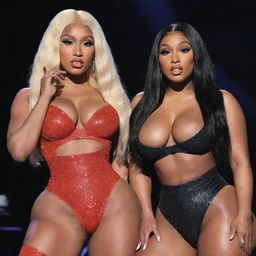 Nicki Minaj and Megan Thee Stallion on stage again, this time Megan Thee Stallion is frowning at Nicki Minaj