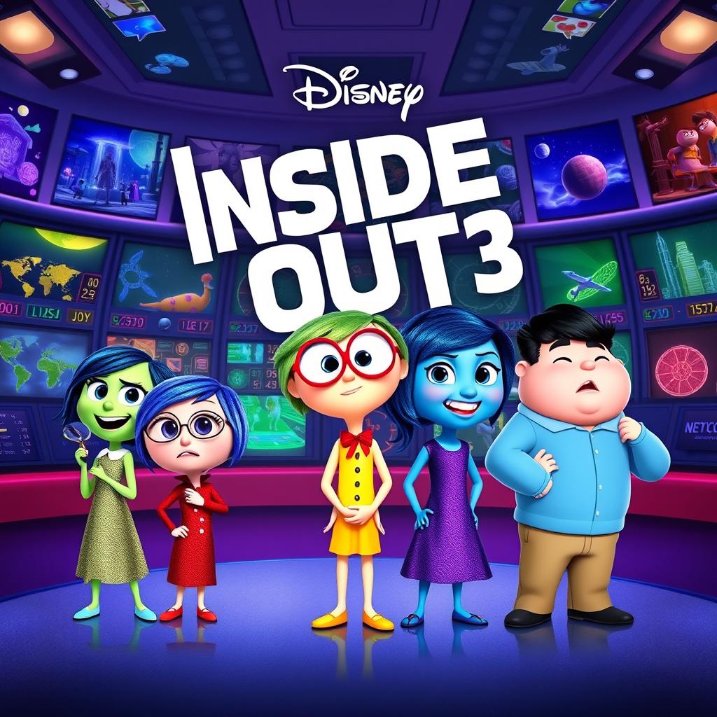 A Disney-style movie poster for "Inside Out 3", introducing the new emotions: Suspicion, Alert, and Protective