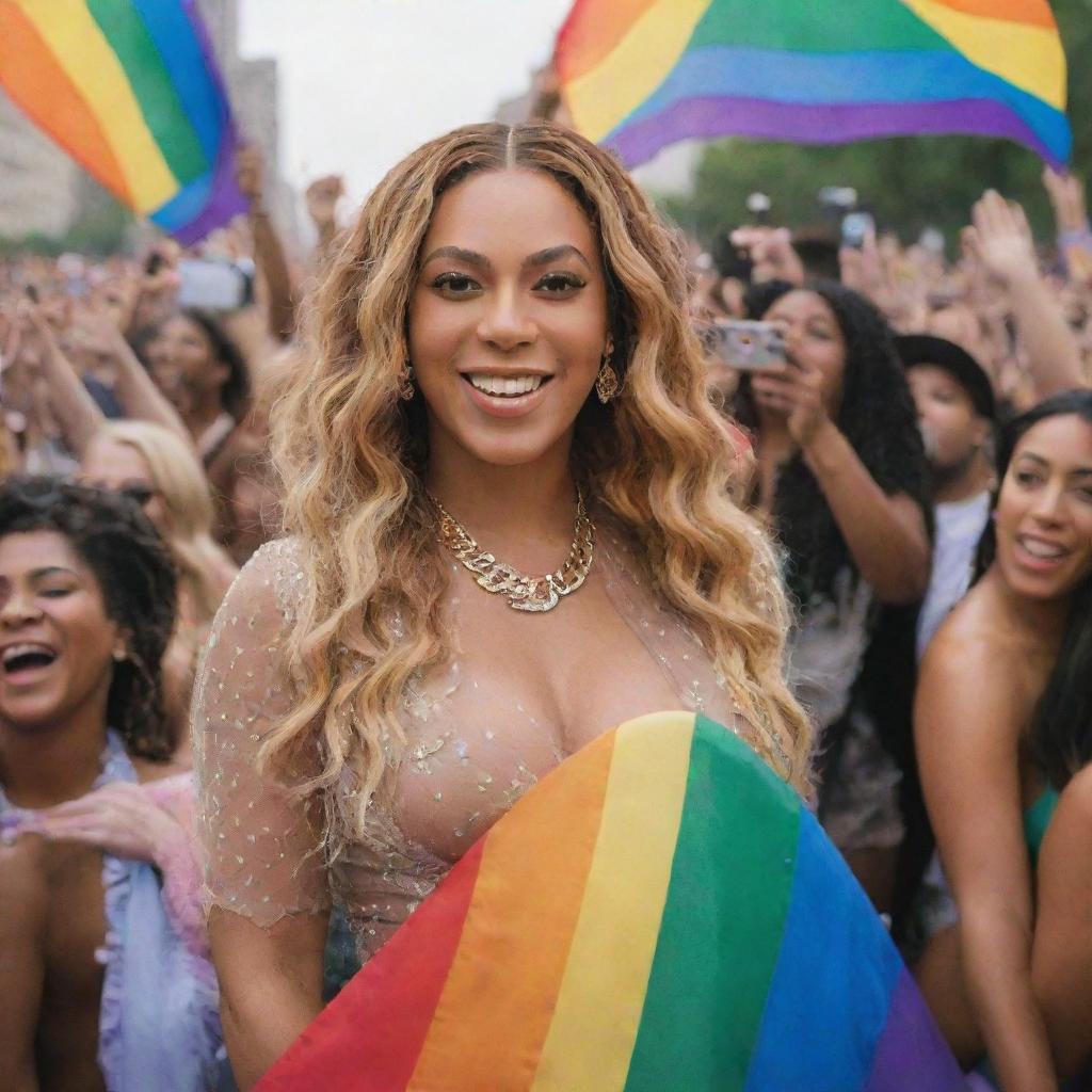 Beyoncé smiling and posing with a joyous crowd of LGBTQ+ fans at a pride parade, under a sky filled with rainbow flags