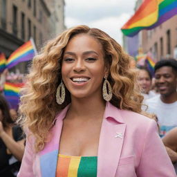 Beyoncé smiling and posing with a joyous crowd of LGBTQ+ fans at a pride parade, under a sky filled with rainbow flags