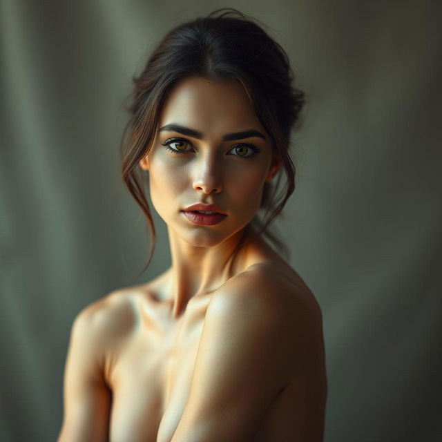 Portrait of a naked woman with an air of elegance and mystique, posing gracefully with its serene expression, focusing on natural beauty and the play of light and shadow on the skin, set against a softly blurred background creating a sense of depth and intimacy, emphasizing the contours and the grace of the human form while maintaining an artistic and tasteful approach