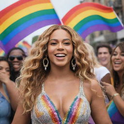 Beyoncé smiling and posing with a joyous crowd of LGBTQ+ fans at a pride parade, under a sky filled with rainbow flags