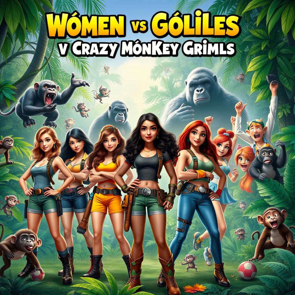 A Disney-style movie poster titled "Women vs Gorillas vs Monkeys vs Crazy Monkey Fan Girls"