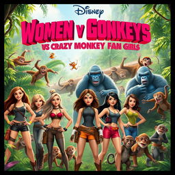 A Disney-style movie poster titled "Women vs Gorillas vs Monkeys vs Crazy Monkey Fan Girls"