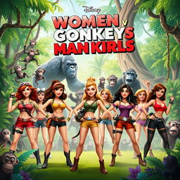 A Disney-style movie poster titled "Women vs Gorillas vs Monkeys vs Crazy Monkey Fan Girls"