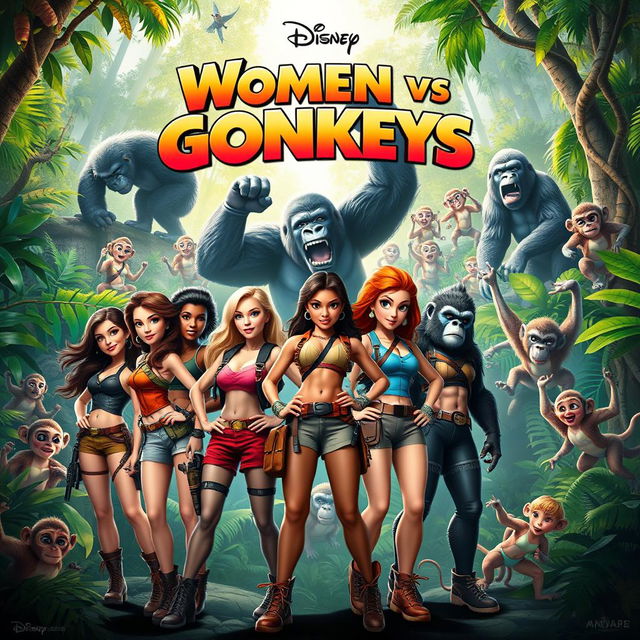 A Disney-style movie poster titled "Women vs Gorillas vs Monkeys vs Crazy Monkey Fan Girls"