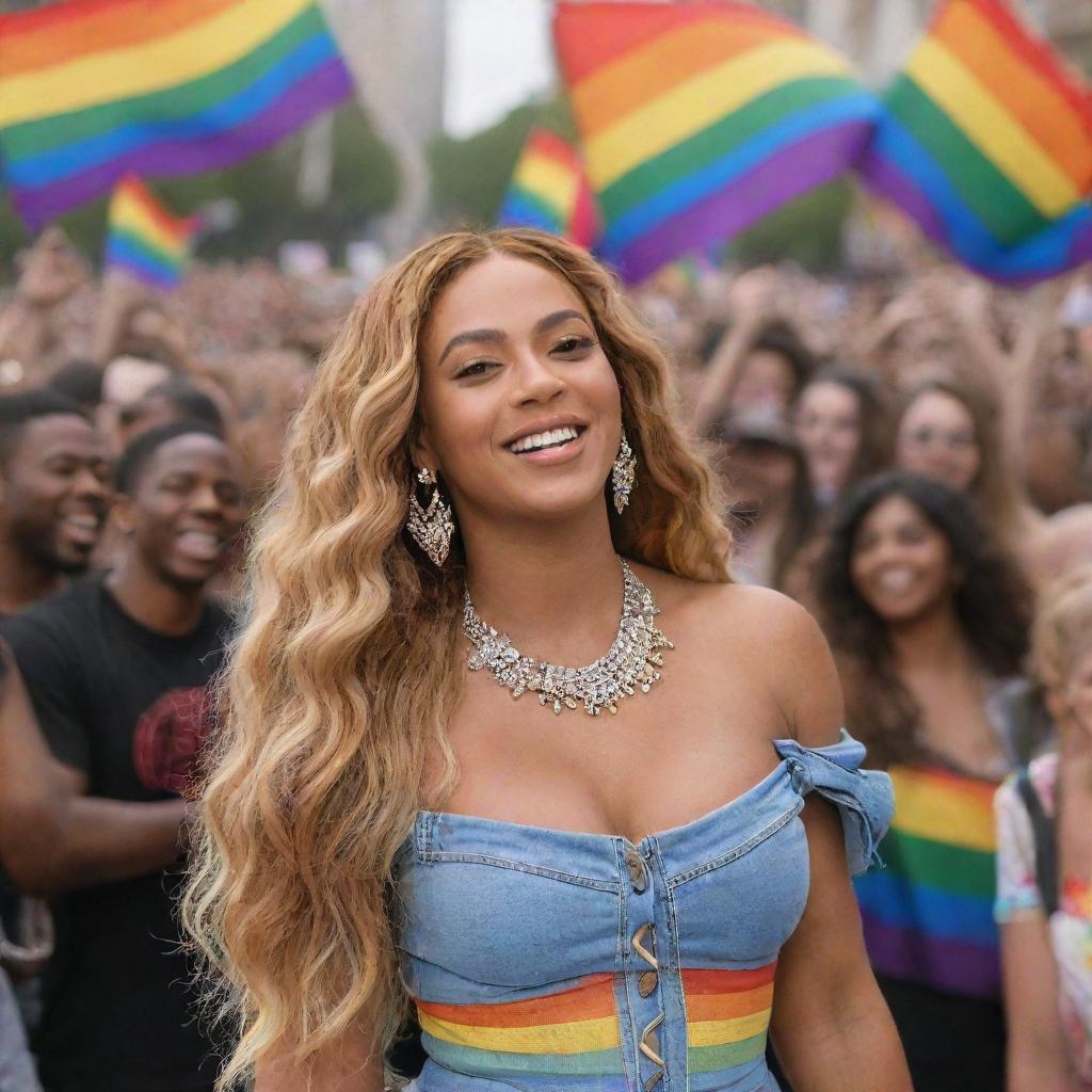 Beyoncé smiling and posing with a joyous crowd of LGBTQ+ fans at a pride parade, under a sky filled with rainbow flags