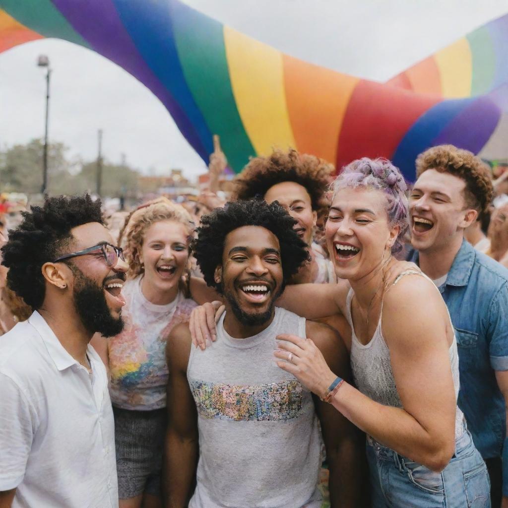 Armand Lewis laughing and having a great time with a group of LGBTQ+ friends at a pride event, surrounded by a rainbow of colorful decor