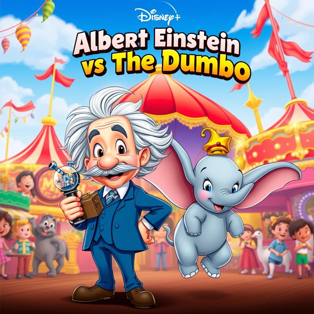 A Disney-style movie poster titled "Albert Einstein vs The Dumbo"