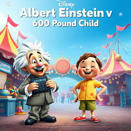 A Disney-style movie poster titled "Albert Einstein vs 600 Pound Child"