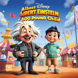 A Disney-style movie poster titled "Albert Einstein vs 600 Pound Child"