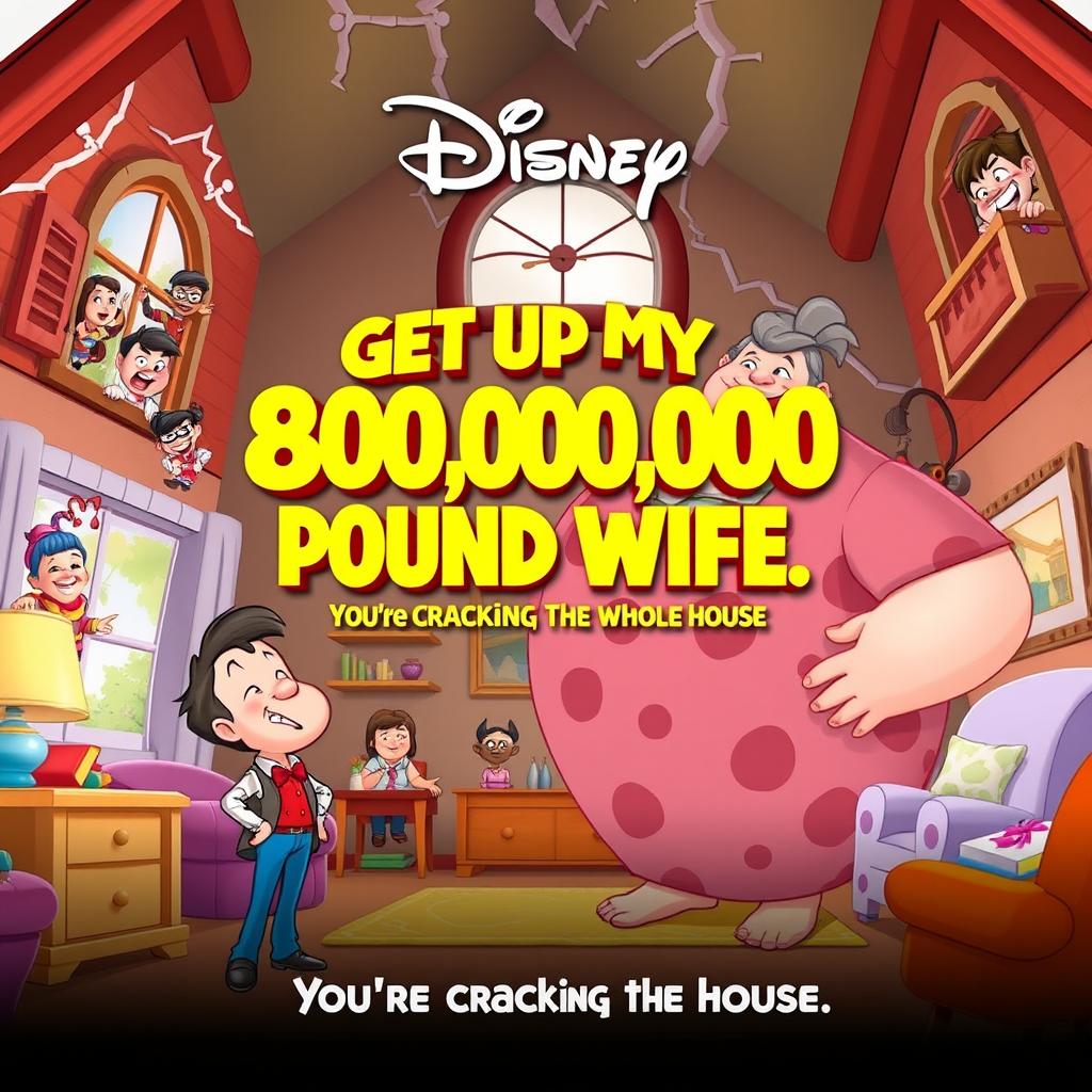 A Disney-style movie poster titled "Get Up My 80,000,000 Pound Wife, You're Cracking the Whole House"