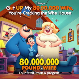 A Disney-style movie poster titled "Get Up My 80,000,000 Pound Wife, You're Cracking the Whole House"