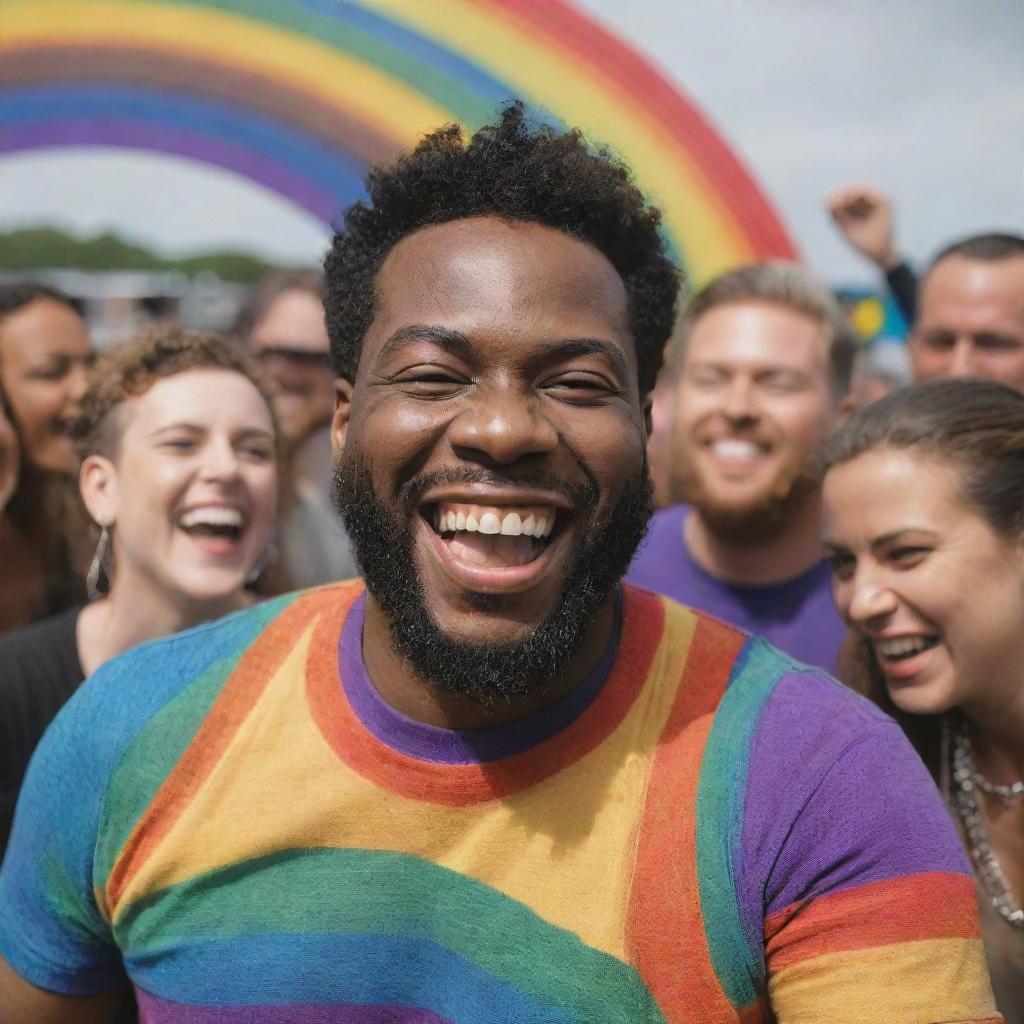 Armand Lewis laughing and having a great time with a group of LGBTQ+ friends at a pride event, surrounded by a rainbow of colorful decor