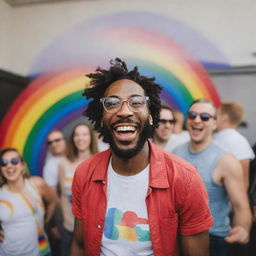 Armand Lewis laughing and having a great time with a group of LGBTQ+ friends at a pride event, surrounded by a rainbow of colorful decor