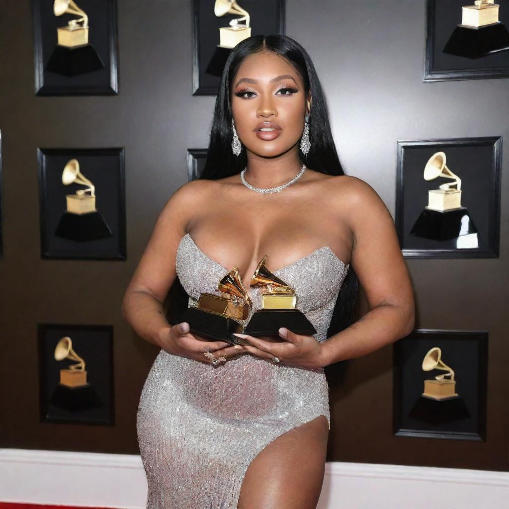 Megan Thee Stallion triumphantly holding multiple Grammy awards on a red carpet, dressed glamorously, with a sea of flashing cameras in the background