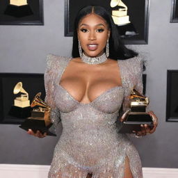 Megan Thee Stallion triumphantly holding multiple Grammy awards on a red carpet, dressed glamorously, with a sea of flashing cameras in the background