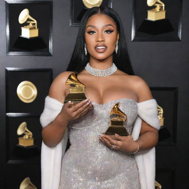 Megan Thee Stallion triumphantly holding multiple Grammy awards on a red carpet, dressed glamorously, with a sea of flashing cameras in the background